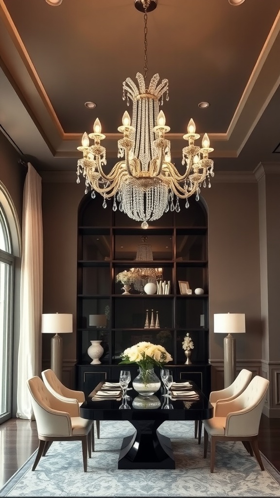 A stylish dining area featuring an elegant chandelier and modern furnishings.