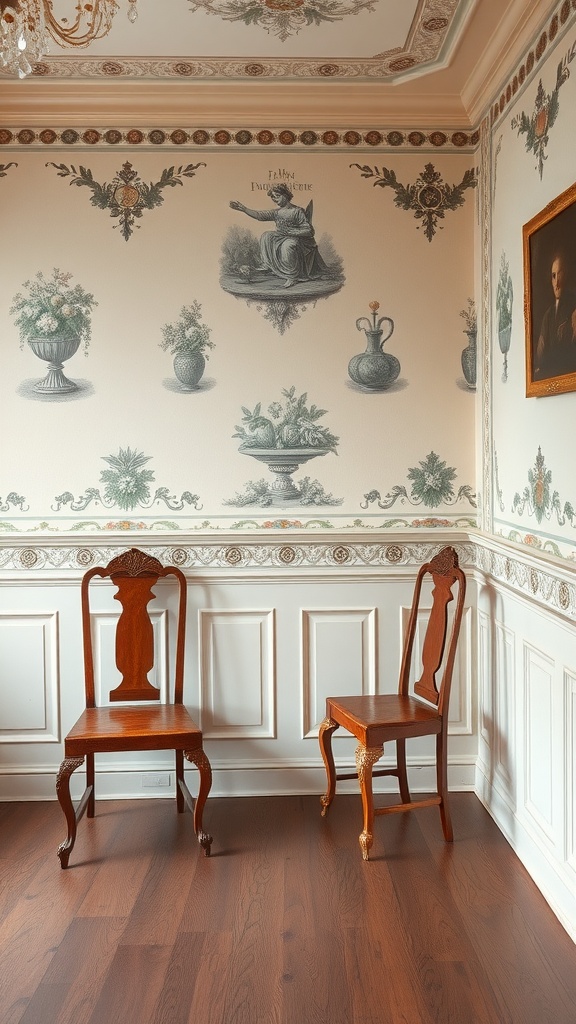 An elegant room featuring classic wooden chairs and intricate wall treatments with floral designs.