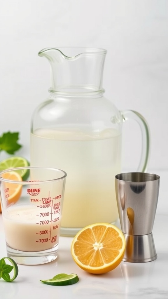 A refreshing classic margarita with ingredients neatly arranged for preparation.