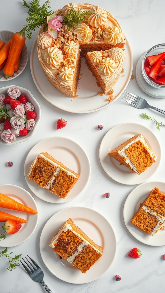 Slices of carrot cake on plates with fresh strawberries and carrots