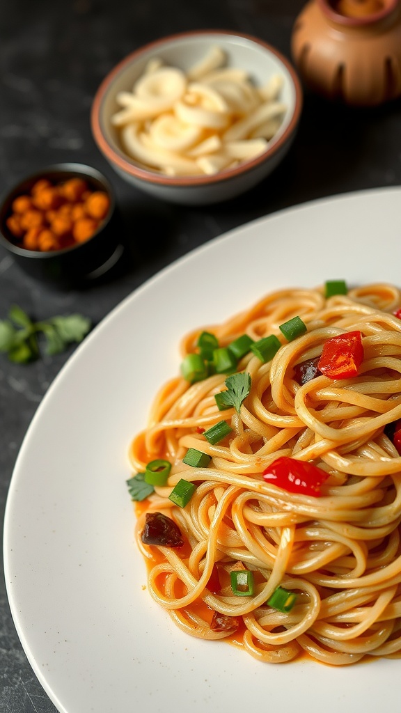 A plate of Hakka noodles garnished with green onions and mixed vegetables, served with side dishes.
