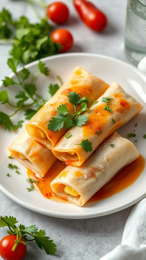 Keto egg rolls served on a plate garnished with herbs and sauce