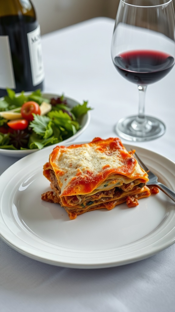 A plated portion of keto lasagna with a side salad and a glass of red wine.