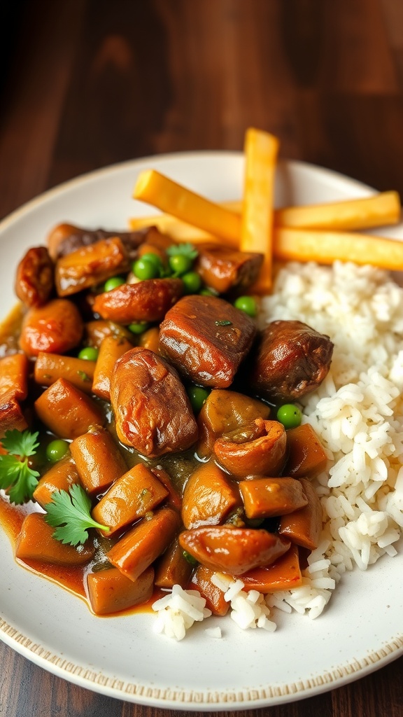 A delicious plate of lomo saltado with beef, vegetables, rice, and fries.