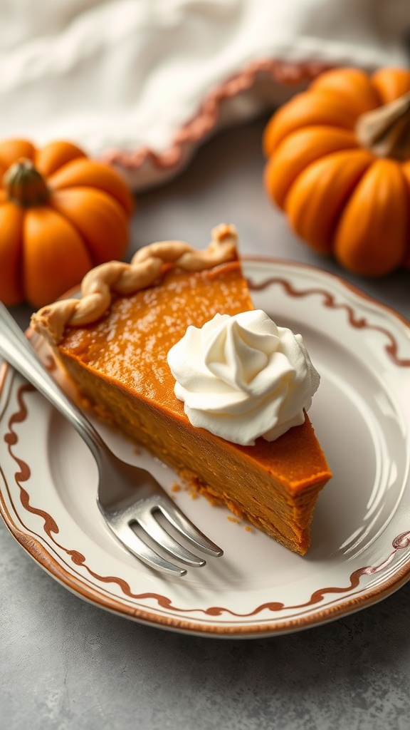 A slice of pumpkin pie topped with whipped cream on a decorative plate, surrounded by small pumpkins.