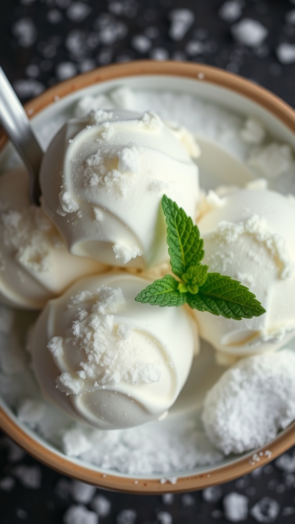 A bowl of snow ice cream topped with mint leaves and snowflakes.