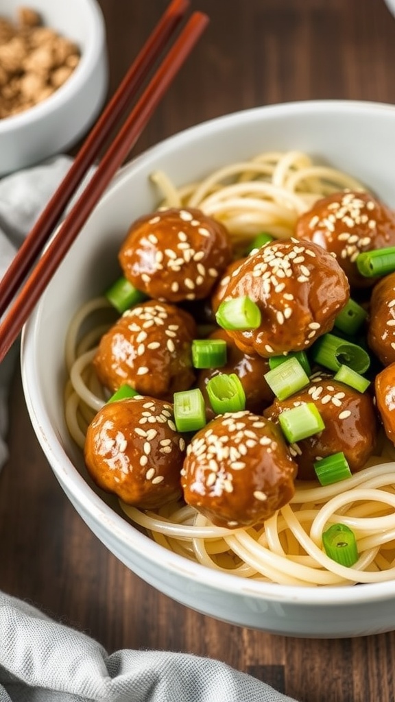 A bowl of sesame ginger meatballs served with noodles and garnished with green onions.