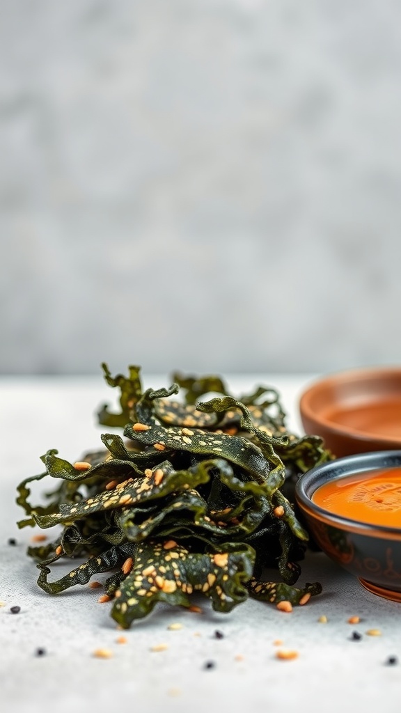 Crunchy sesame ginger seaweed crisps on a light surface.