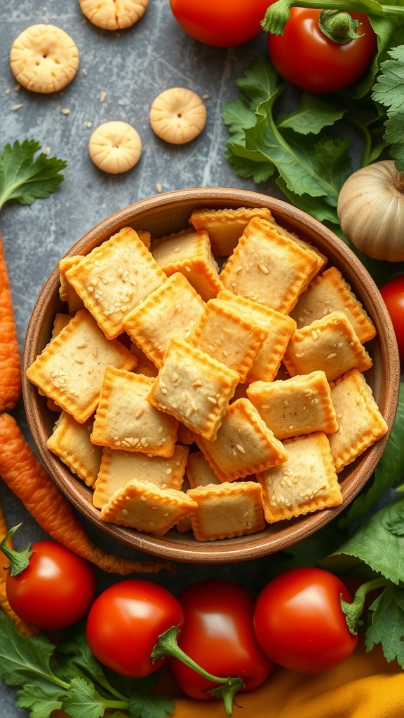 A bowl of crunchy sesame seed crackers atop a colorful arrangement of fresh vegetables.