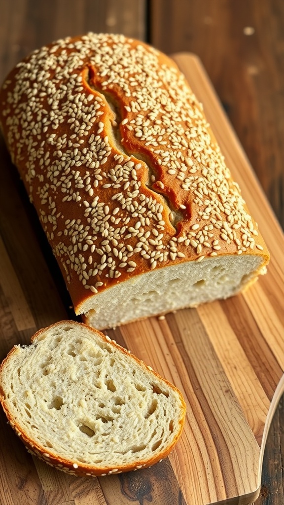 A freshly baked sesame seed gluten free bread loaf