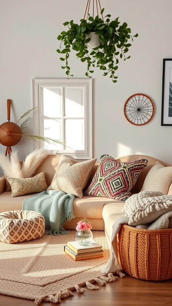 A cozy living room with a sofa adorned with pillows, a soft throw, a plant, and decorative accessories.