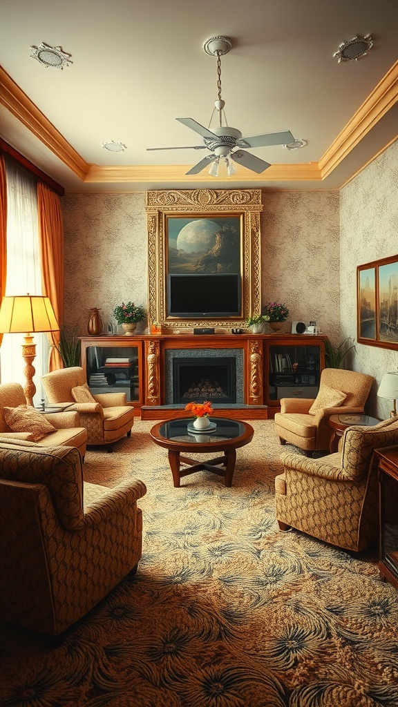A cozy living room with shag carpeting, comfortable chairs, and warm lighting, showcasing 70s interior design.
