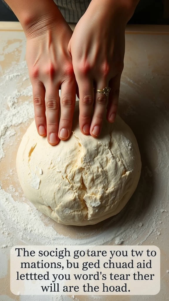 A person shaping a ball of dough on a floured surface.