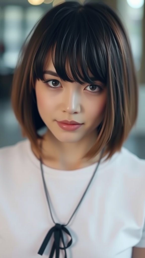 A young woman with a short bob hairstyle and soft bangs, wearing a white shirt with a black ribbon necklace.