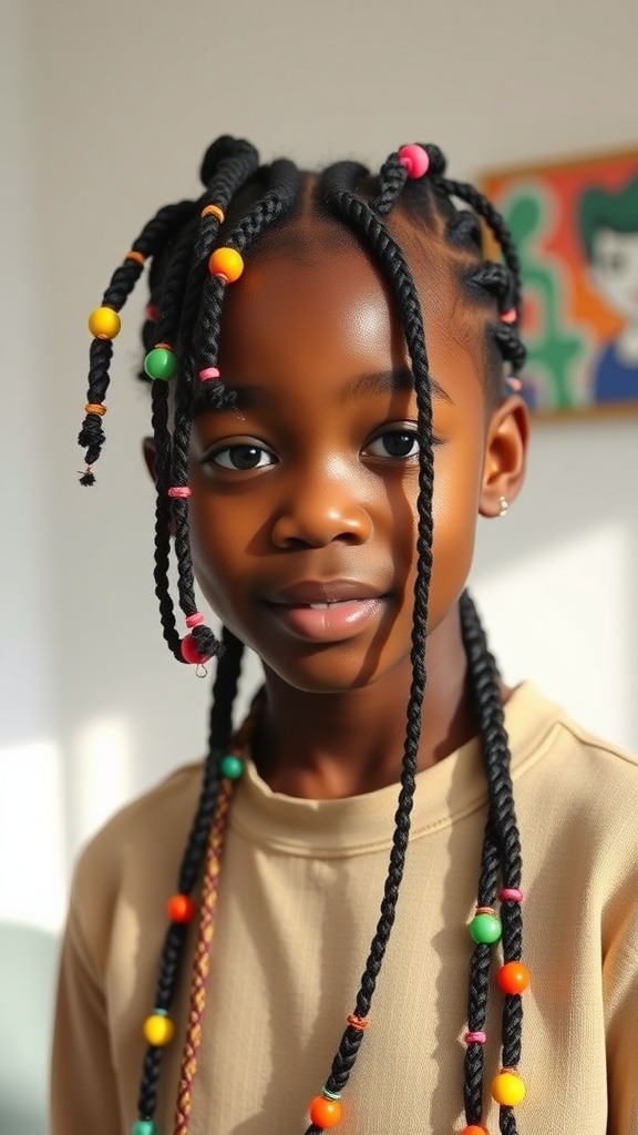 A young girl with short box braids adorned with colorful beads, smiling at the camera.