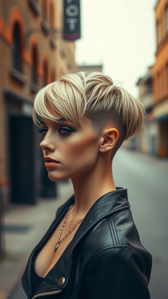 Woman with a short choppy bob hairstyle featuring an undercut, showcasing a stylish and edgy look.