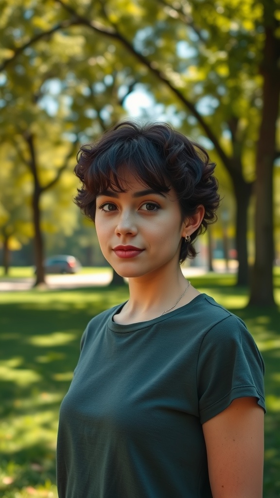 A person with short curly hair and soft bangs, standing outdoors in a park.