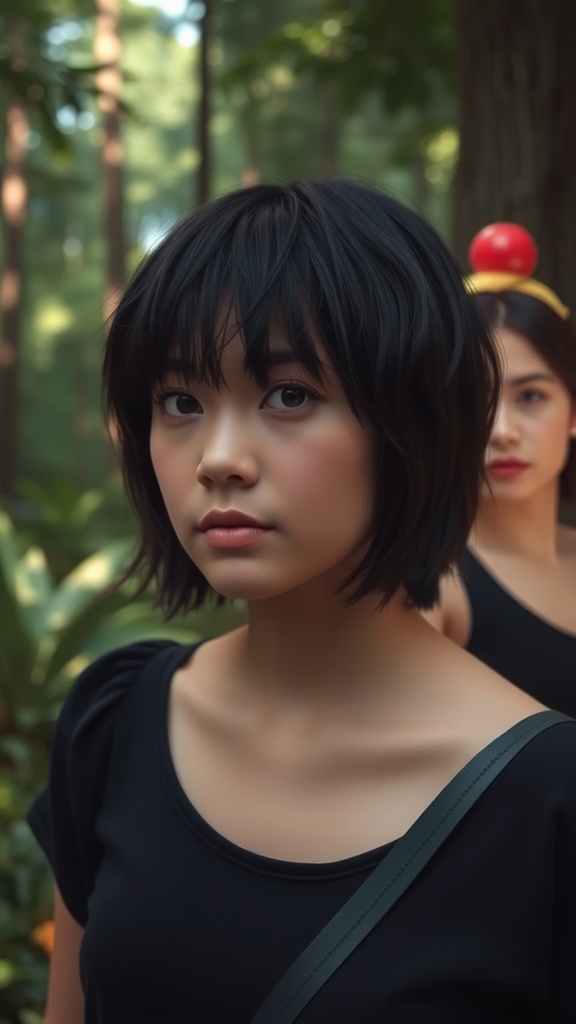 A person with short hair and feathered bangs, surrounded by greenery.