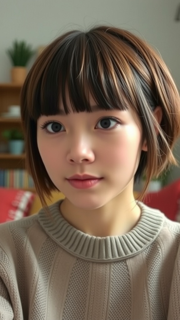 A person with short hair and rounded bangs, wearing a cozy sweater.