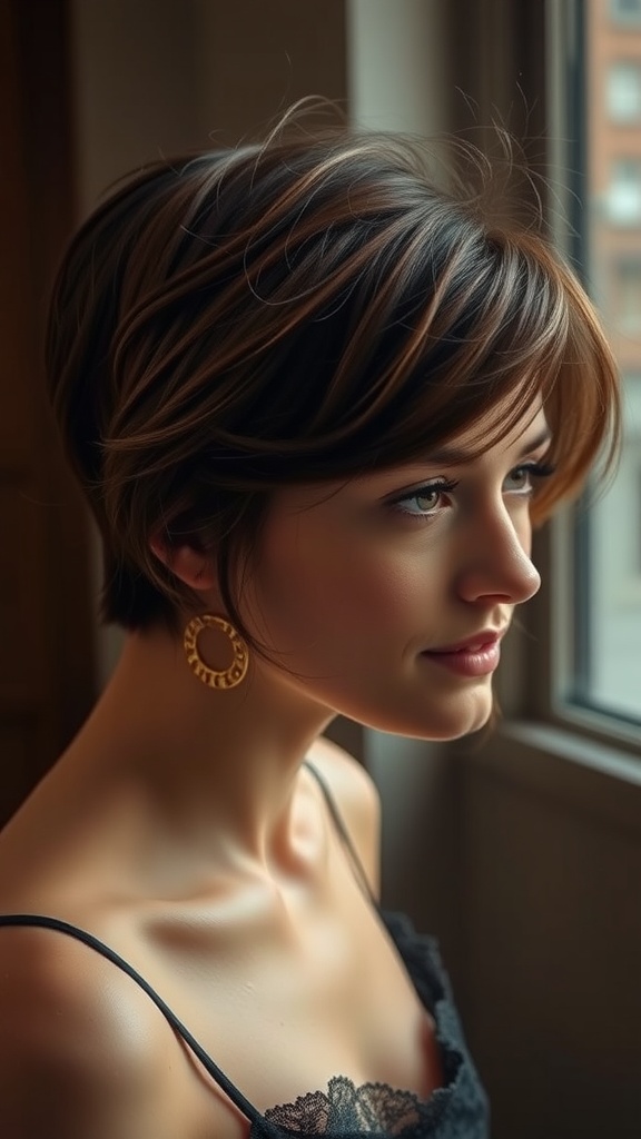 A profile view of a woman with short hair and a wispy fringe, looking out a window.