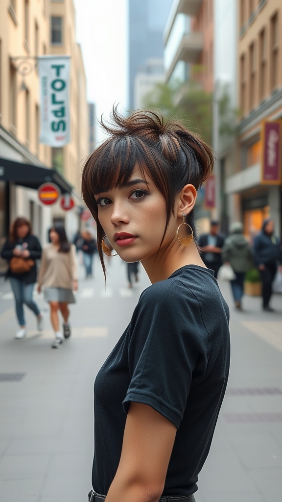 A woman showcasing a short mullet hairstyle with bold fringe in an urban setting.