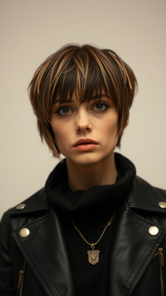 A close-up of a person with short shag hairstyle and feathered bangs, wearing a black jacket.