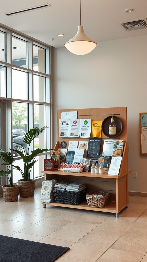 A cozy lobby area with a display of local products and information.