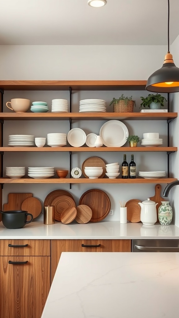 A kitchen with open shelving displaying various plates, bowls, and decorative items.