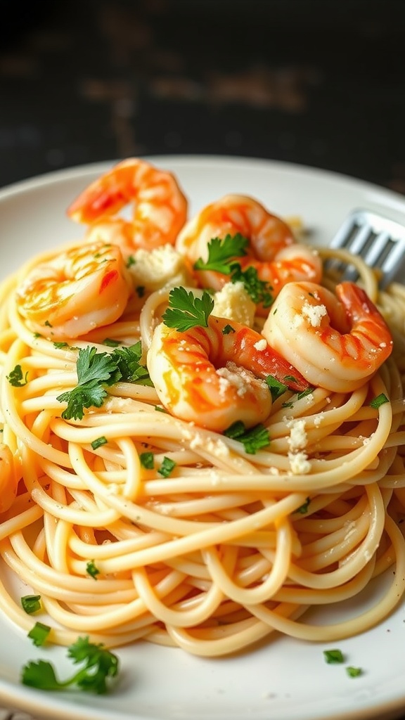 A plate of shrimp alfredo with shirataki noodles, garnished with parsley.
