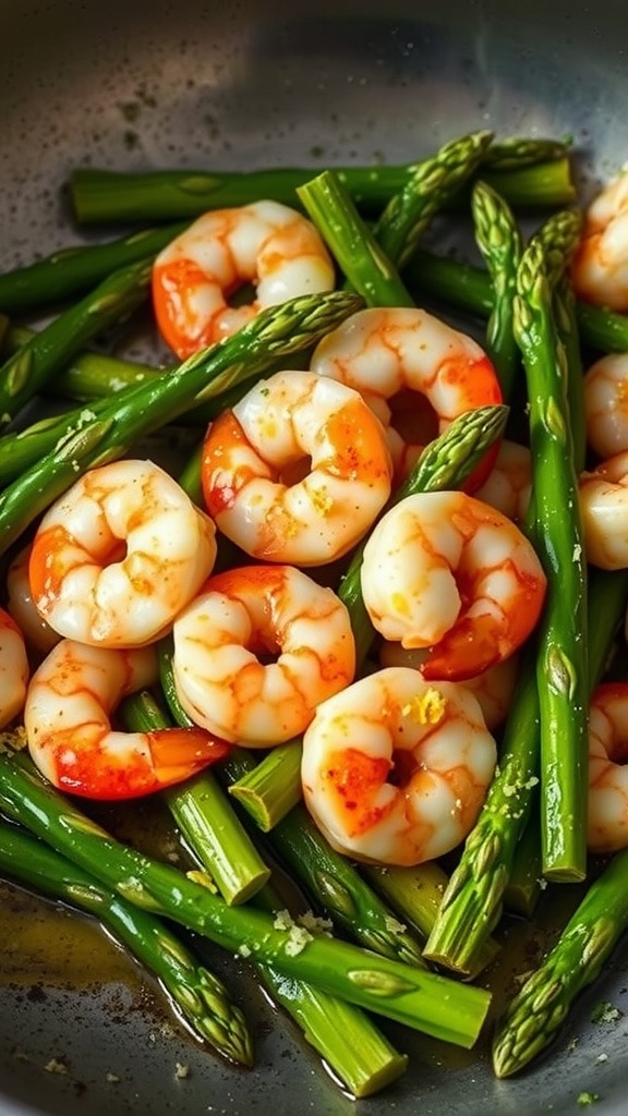 A savory dish with shrimp and asparagus cooked in a skillet.