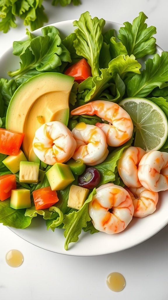 A fresh shrimp and avocado salad with mixed greens and colorful vegetables.