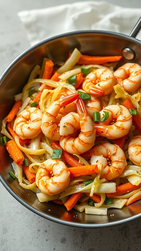 A colorful shrimp and cabbage stir-fry with vibrant vegetables.