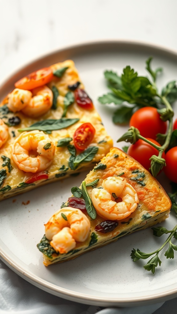 A slice of shrimp and spinach frittata on a plate with cherry tomatoes.