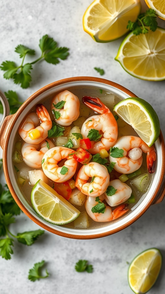 A bowl of shrimp ceviche garnished with lime and cilantro.