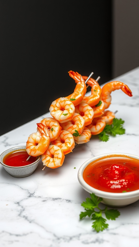 Shrimp cocktail skewers with dipping sauces on a marble surface.