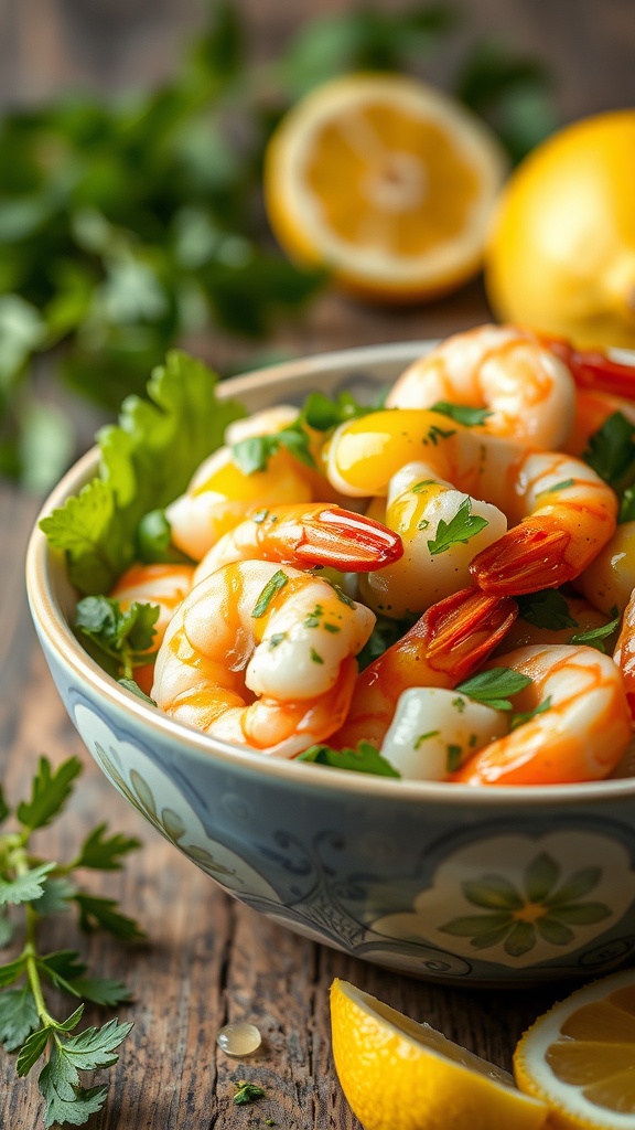 A vibrant shrimp salad with fresh herbs and vegetables, drizzled with olive oil dressing.