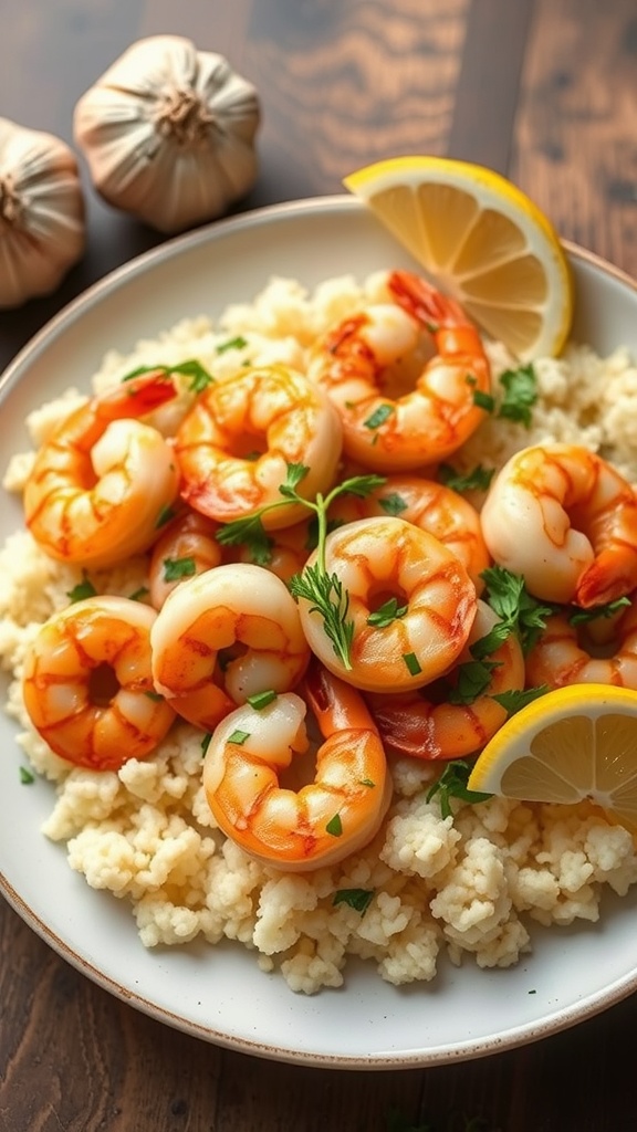 A plate of shrimp scampi with cauliflower rice, garnished with parsley and lemon.