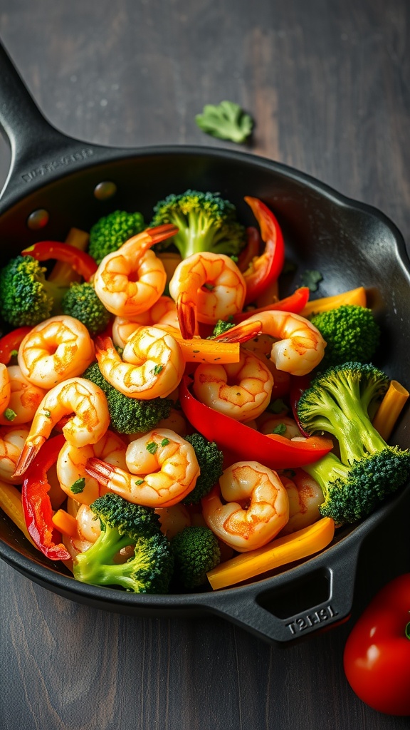 A colorful shrimp stir-fry featuring shrimp, bell peppers, and broccoli.