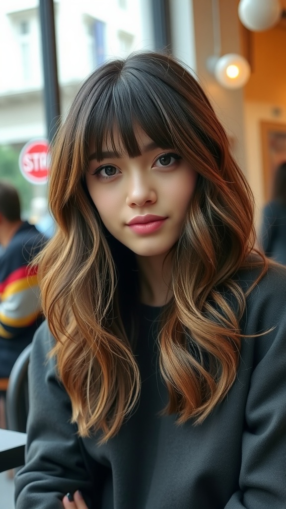 A woman with medium length hair styled in side-swept bangs and loose waves, looking casual and stylish.