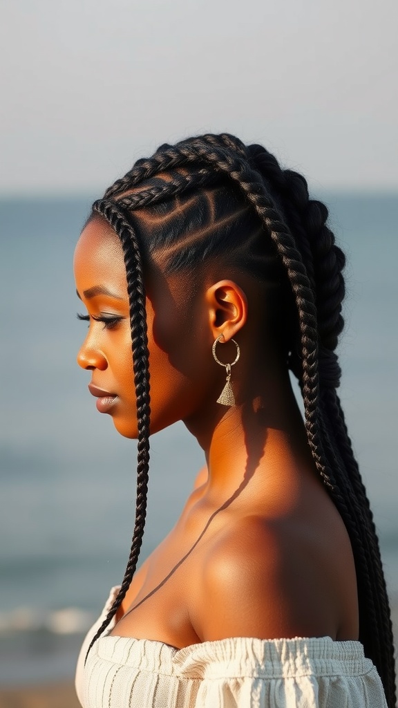 A person with side-swept box braids, showcasing their hairstyle against a beach background.