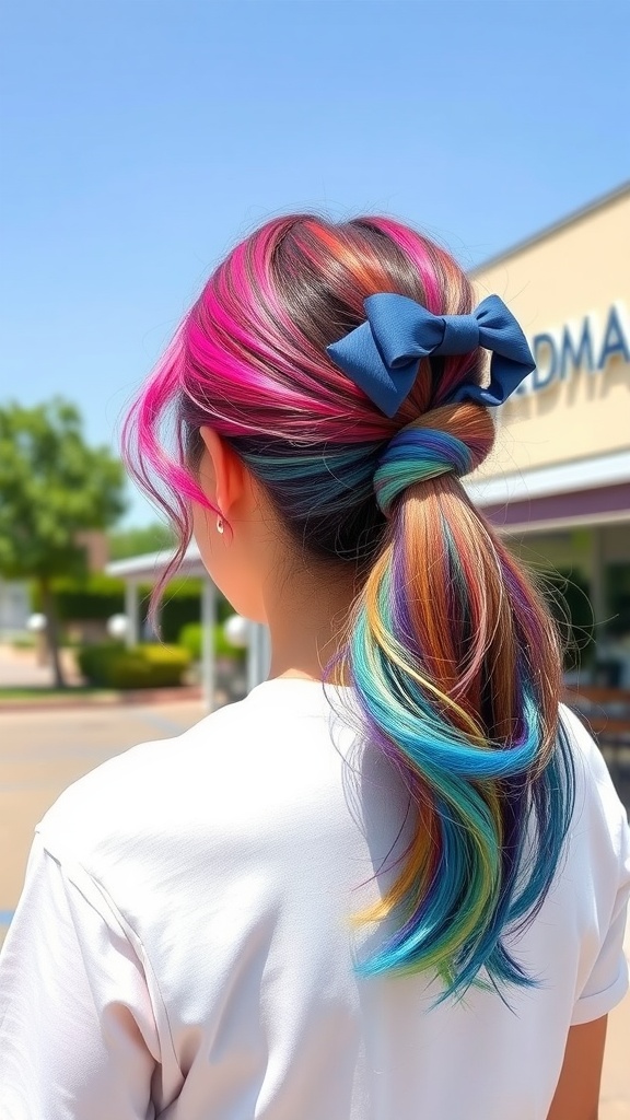 A colorful side bow ponytail hairstyle featuring vibrant hair colors and a blue bow.