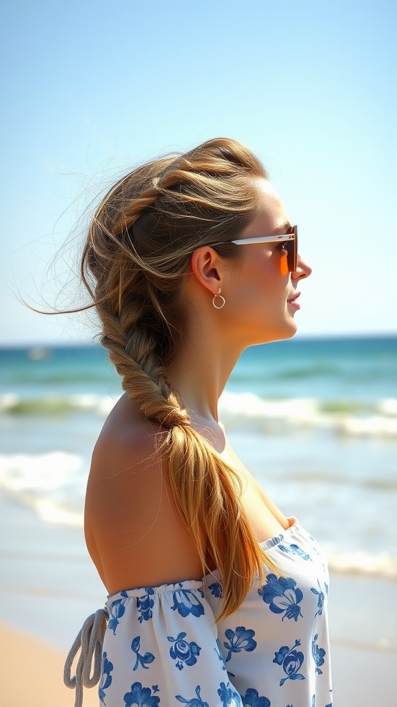 A woman with a side braid enjoying a sunny day at the beach, wearing sunglasses and a floral top.