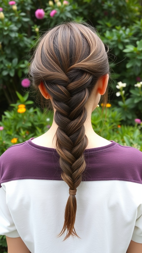 A neat side braid secured with a claw clip, showcasing a casual hairstyle.