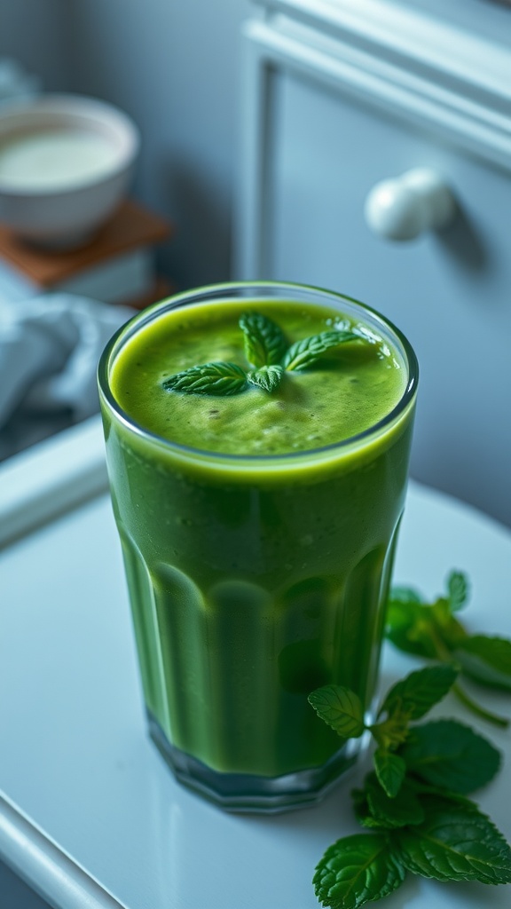 A refreshing green smoothie featuring spinach and mint.