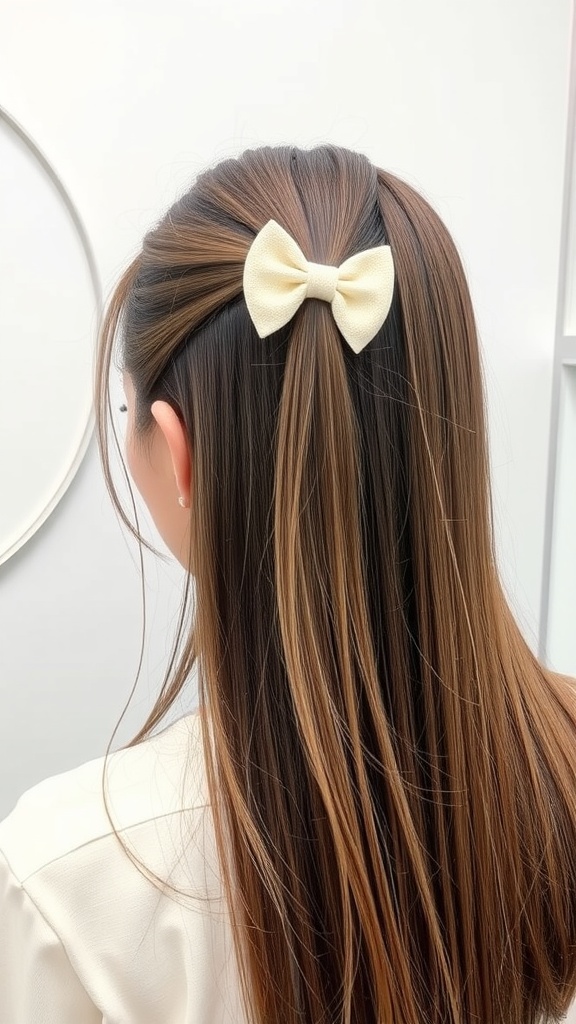 A woman with long hair styled with a simple bow clip