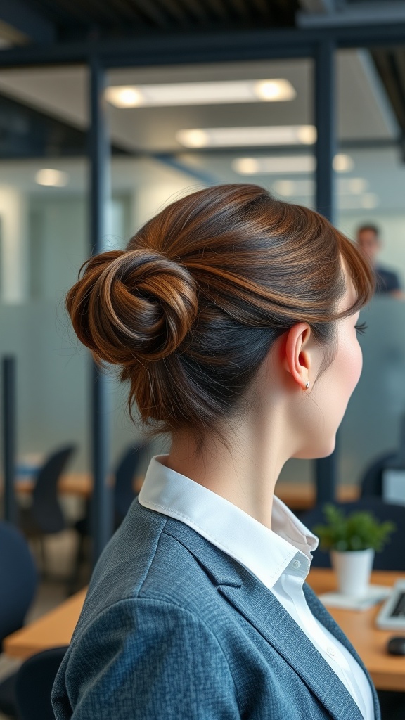 A woman in a professional outfit with a neat claw clip hairstyle, seen from the side in an office setting.