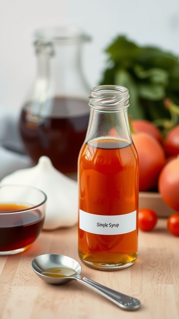A bottle of simple syrup with a spoon and fresh ingredients in the background