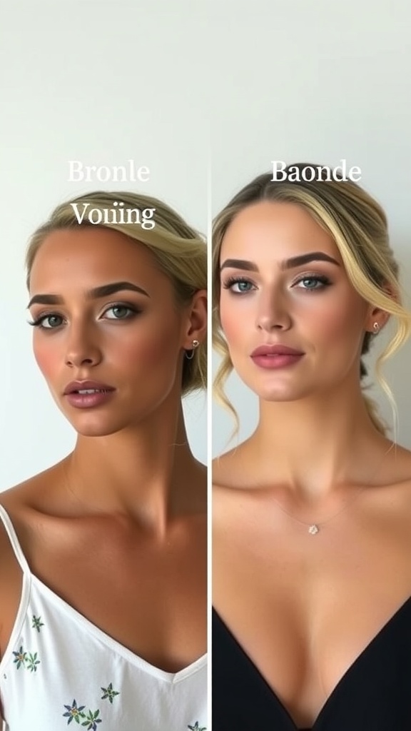 Comparison of bronde and baonde hair colors on two individuals.