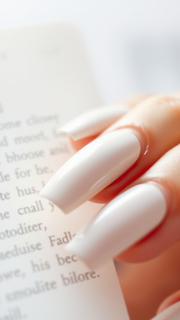 A close-up of beautifully manicured white chrome nails with a shiny finish.