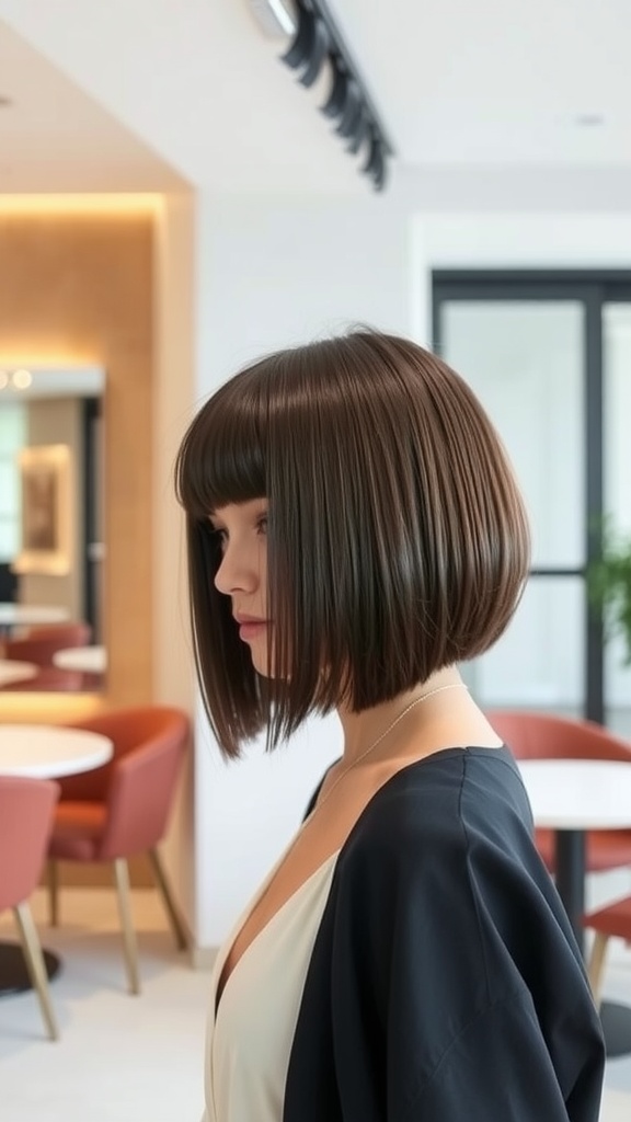 A sleek choppy bob hairstyle, featuring a straight cut and smooth finish.